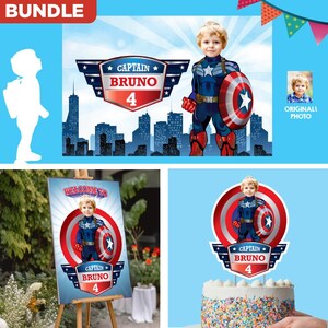May include: A bundle of birthday party decorations featuring a child dressed as a superhero. The decorations include a banner, a welcome sign, and a cake topper, all with the text "Captain Bruno 4". The background is a blue sky with a city skyline.