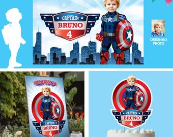 Captain America party decor bundle with boy as the star (Backdrop, welcome, cake). 075B4