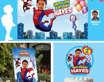 Personalized Spidey Birthday Party Decor Bundle with photo (cake, welcome and banner backdrop). 740B4