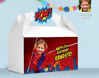 Gepersonaliseerde Spiderman Snoepdoos feestbedankje, Superhero Gable Box met foto. 101 GB