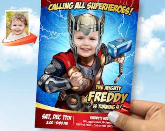 Thor Birthday Party Invitation with your kid as his favorite superhero. 154IN