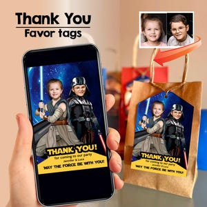 Star Wars boy and girl thank you with photos, Joint Darth Vader and Jedi Rey favor tags, Darth Vader and Jedi Rey party favors. 040TY