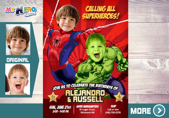 Hulk and Spider Man Birthday Invitation. Spider man and Hulk Siblings Party. Joint Avengers Party. Joint Avengers Theme party. 438 Il_570xn