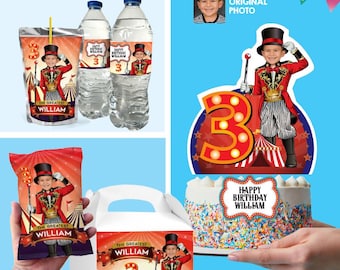 May include: A bundle of birthday party supplies featuring a circus theme. Includes water bottles, a juice pouch, a candy bag, a cake, and a gift box, all with a cartoon illustration of a child in a ringmaster outfit. The text reads "Happy Birthday William".