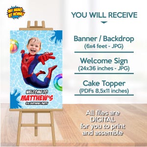 Pu&ograve; includere: Un set di decorazioni per feste con un bambino vestito da Spider-Man. Il cartello dice "Benvenuti al 5&deg; compleanno di Matthew". Il set include uno striscione, un cartello di benvenuto e un cake topper. L'immagine &egrave; esposta su un cavalletto di legno.