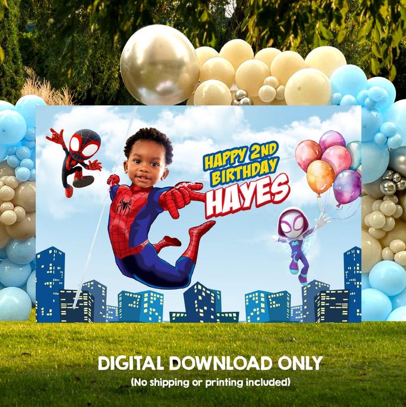 Puede incluir: Un tel&oacute;n de fondo digital para una fiesta de cumplea&ntilde;os con un ni&ntilde;o vestido de Spiderman, una ni&ntilde;a vestida de Spider-Gwen y el texto "Happy 2nd Birthday Hayes".