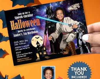 May include: A Halloween party invitation featuring a boy dressed as a Star Wars character, with Darth Vader and a Stormtrooper in the background. The invitation includes the text "Join us for a Spook-tacular Halloween party to celebrate Andre's 7th Birthday".