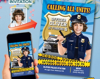 May include: A blue and yellow birthday invitation for a boy's 6th birthday party. The invitation features a cartoon police officer with a badge that says "Officer Oliver is turning 6". The invitation also includes a police car and a yellow and black striped police tape.
