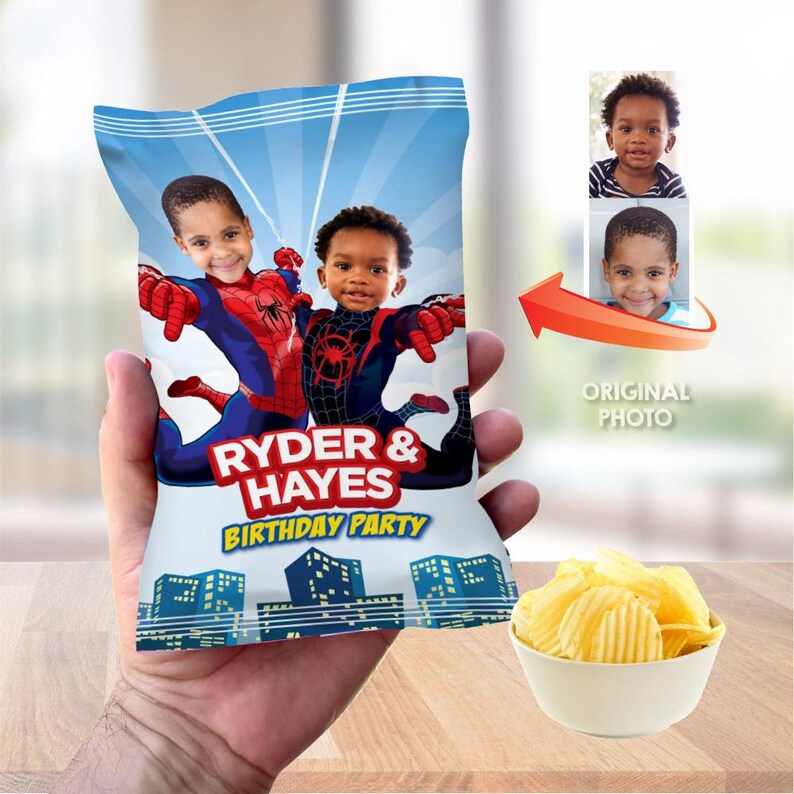 May include: A custom potato chip bag featuring two children dressed as Spider-Man characters. The bag has the text "Ryder & Hayes Birthday Party" and a cityscape design. A bowl of chips sits next to the bag.