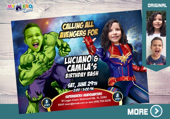 Hulk and Captain Marvel Birthday Invitation, Hulk and Captain Marvel Party, Joint Avengers Birthday Invitation, Avengers Siblings. 256 Il_570xn