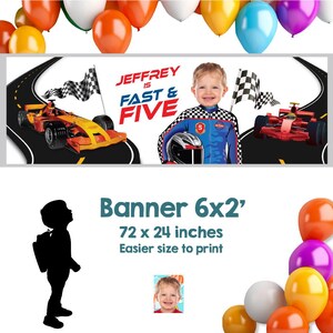 May include: A banner with a race car theme, featuring the text "JEFFREY IS FAST & FIVE." The banner is 6 x 2 feet (72 x 24 inches) and includes images of race cars, checkered flags, and balloons.
