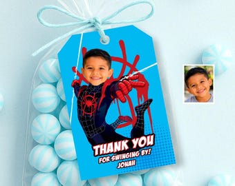 Personalized Miles Spiderman Thank You and Party Tags with Kid as the Star. 2491TYB