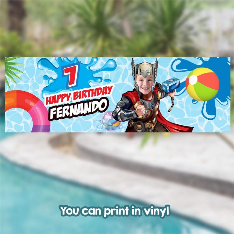 Thor Pool Party Horizontal Banner Customized With Your Kid as Thor (6x2 ...