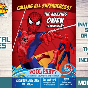 Spiderman Pool Party Invitation, Spiderman Water Slide Invitation, Spiderman pool theme, Spiderman thank you, Spiderman Invitation. 597