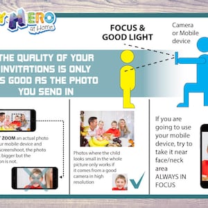 May include: A graphic with text that reads "The quality of your invitations is only as good as the photo you send in." The graphic also shows a person taking a photo with a camera or mobile device. The graphic also shows a photo of a family with a child in the center. The graphic also shows a photo of a child with a good camera in high resolution. The graphic also shows a photo of a child with a mobile device. The graphic also shows text that reads "Focus & Good Light" and "Always in Focus".