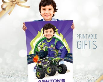 Personalized Monster Truck Poster with kid as the driver in purple and Green colors. 2391GF