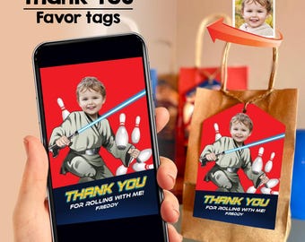 Personalized Star Wars Jedi Bowling Party thank you and favors tags with photo. 2269TY