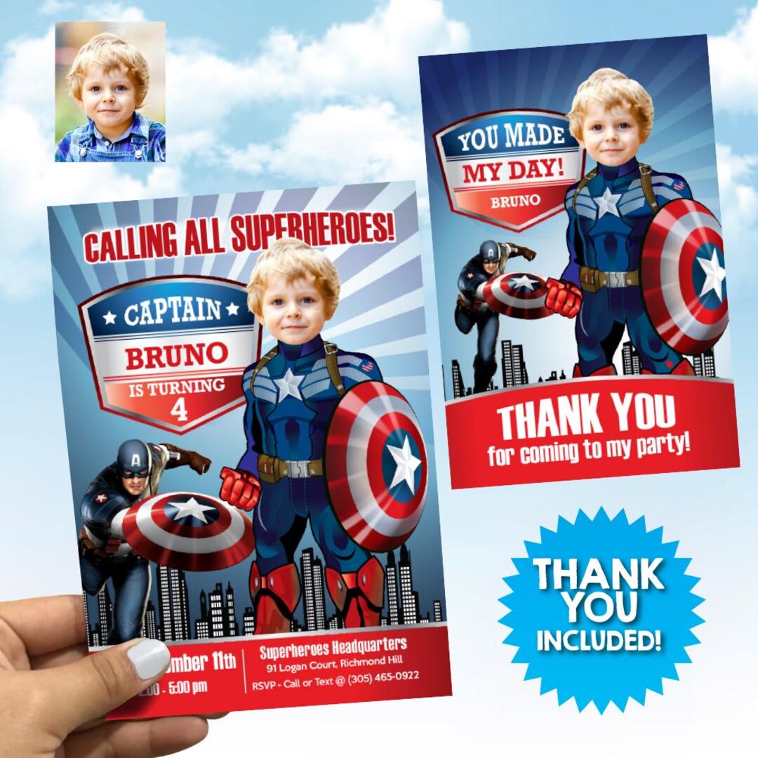 Captain America Birthday Invitation With Photo (thank You, Favor Tag ...