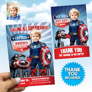 Capt America Birthday Invitation with photo, Capt America Digital Invite, Capt America Thank You Favor tag, Capt America Theme Party. 075C