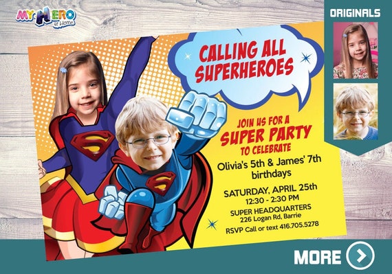 Superman and Supergirl Invitation. Two Superheroes Birthday Party. Joint superheroes invitation. Supergirl and Superman Invitation. 117 Il_570xn