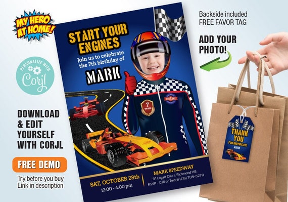 Race Car Invitation, Editable Race Car invitation with Photo, Race Car party Invitation, Race Car favor tags, Race Car theme party. 1018 Il_570xn