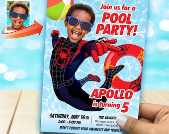 Custom Spider-Verse Pool Party Invitation featuring kid as Miles Morales (Digital, Printable) 2453IN