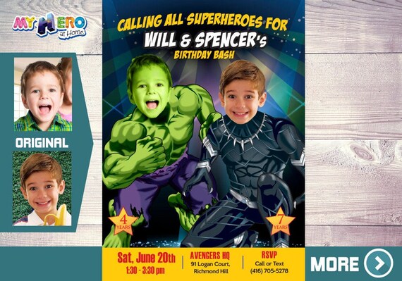 Black Panther and Hulk Birthday Invitation, Hulk and Black Panther Party, Joint Avengers Party, Siblings Avengers theme Party. 437 Il_570xn