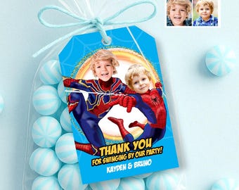 Custom Spiderman Siblings Thank You and Favor Tags with Children as the Stars. 575TY