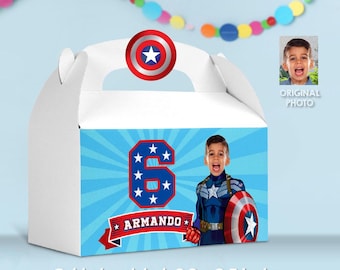 Custom Captain America Gable Box label with photo (Party favors themed Capt America). 075GB2