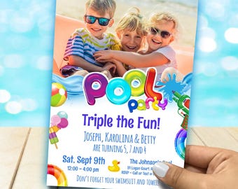 Pool Party Invitation for siblings with photo, Joint triplets Invitation. 1154C