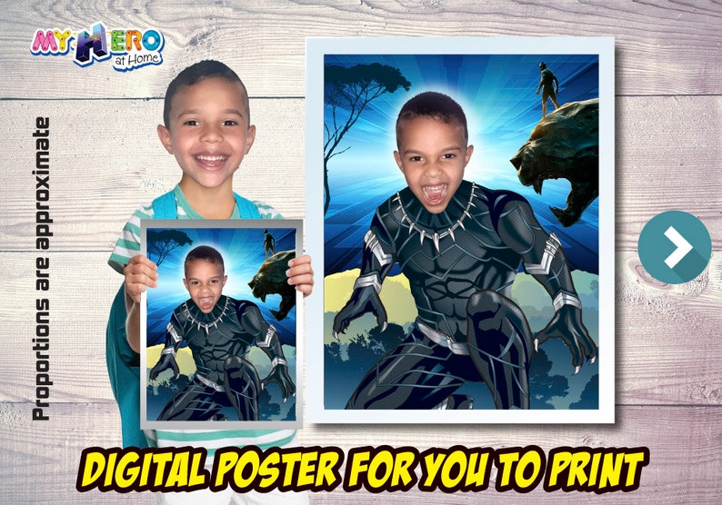 May include: A digital poster featuring a young person as Black Panther, with the text "DIGITAL POSTER FOR YOU TO PRINT". The poster is displayed in a frame held by a smiling child, with the words "MY HERO at Home" at the top.