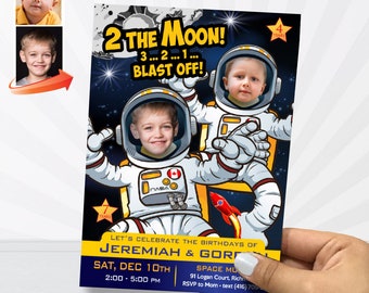 Joint Astronauts Invitation with photos, Astronauts Siblings Birthday, Outer Space Party Invitation, Astronaut theme party. 389