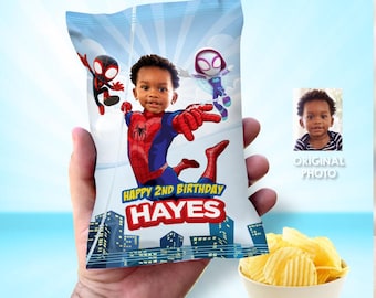 Etichette personalizzate per sacchetti di patatine di Spider-Man, decorazioni per feste di Spider-Man, involucri per patatine di Spider-Man. 740CB