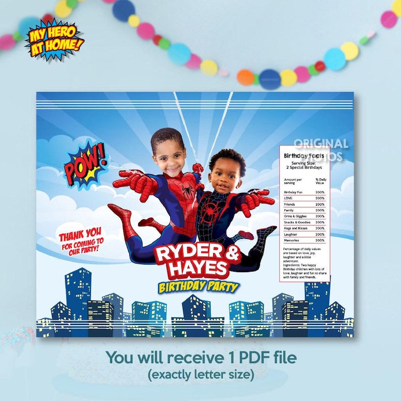 May include: A personalized birthday party invitation featuring two children dressed as Spider-Man characters. The design includes cityscape silhouettes, comic book sound effects, and the text "Ryder & Hayes Birthday Party."