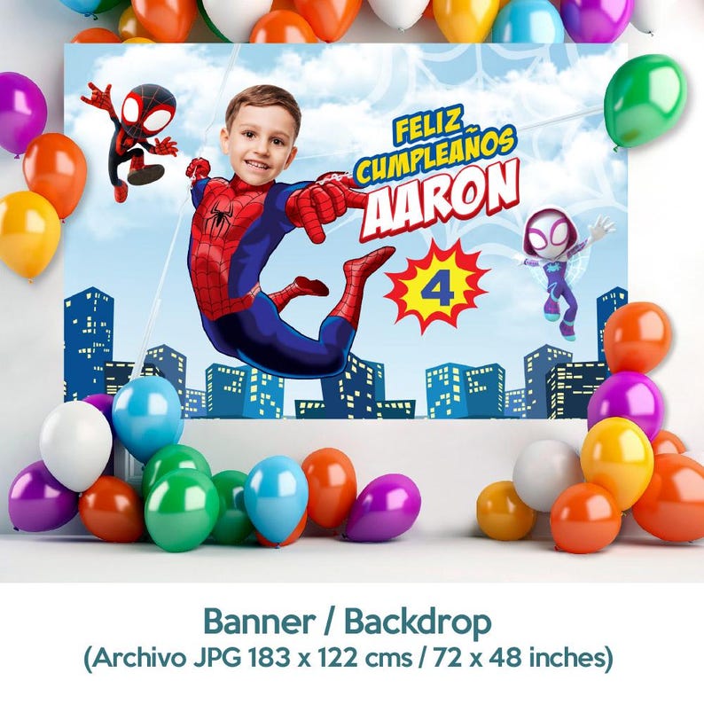 K&ouml;nnte beinhalten: Ein farbenfrohes Geburtstagsbanner mit einem Superhelden-Thema, auf dem ein Junge in einem Spiderman-Kost&uuml;m zu sehen ist. Das Banner lautet "Feliz Cumpleanos Aaron 4".