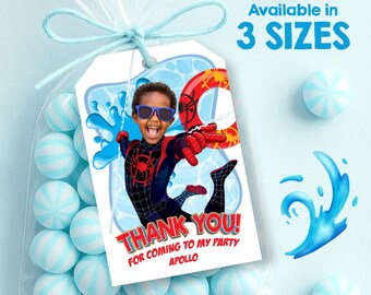 Spider-Verse Pool Party Thank You Favor Tags with birthday child as Miles Morales. 2453TY2