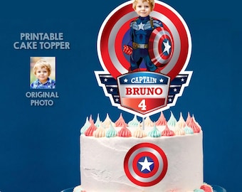 Adorno personalizado para tarta del Capitán América con tu hijo como su superhéroe favorito. 075CT