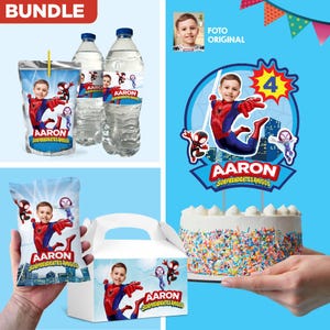 Set de artículos para decorar mesa de dulces tema Spidey, Cake topper de Spidey, etiquetas para agua y jugos, etiquetas para cajas. 2282B1
