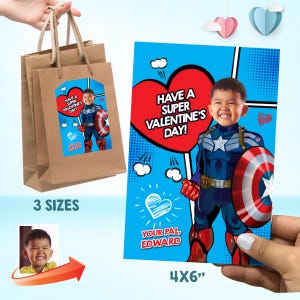 School Valentines Day gift tags themed Captain America with child as the star. 2243C