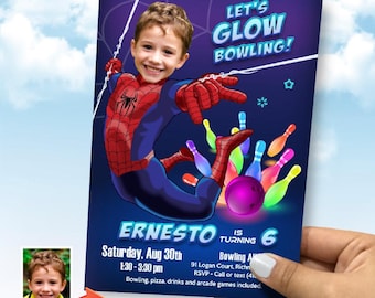 Let’s Glow Bowling Party Spiderman Invitation with photo, Spidey neon bowling. 2262IN