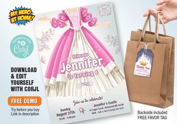 Editable by you Princess Invitation, Pink Princess invitation, Editable Princess template Invitation, Princess thank you tags. 1073 Il_570xn