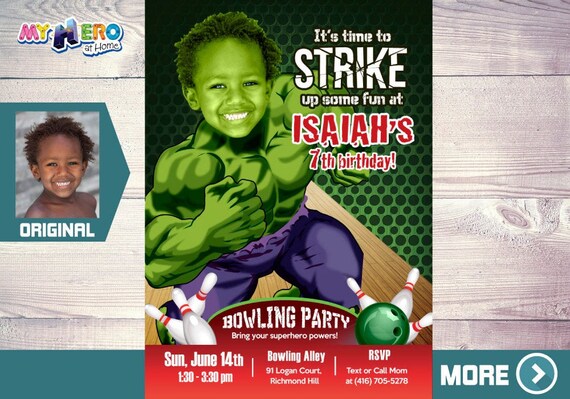 Bowling Party Hulk Invitation. Avengers Bowling Party. Bowling party themed Hulk. Hulk Bowling Party Ideas. Fiesta de Bolos tema Hulk. 144 Il_570xn