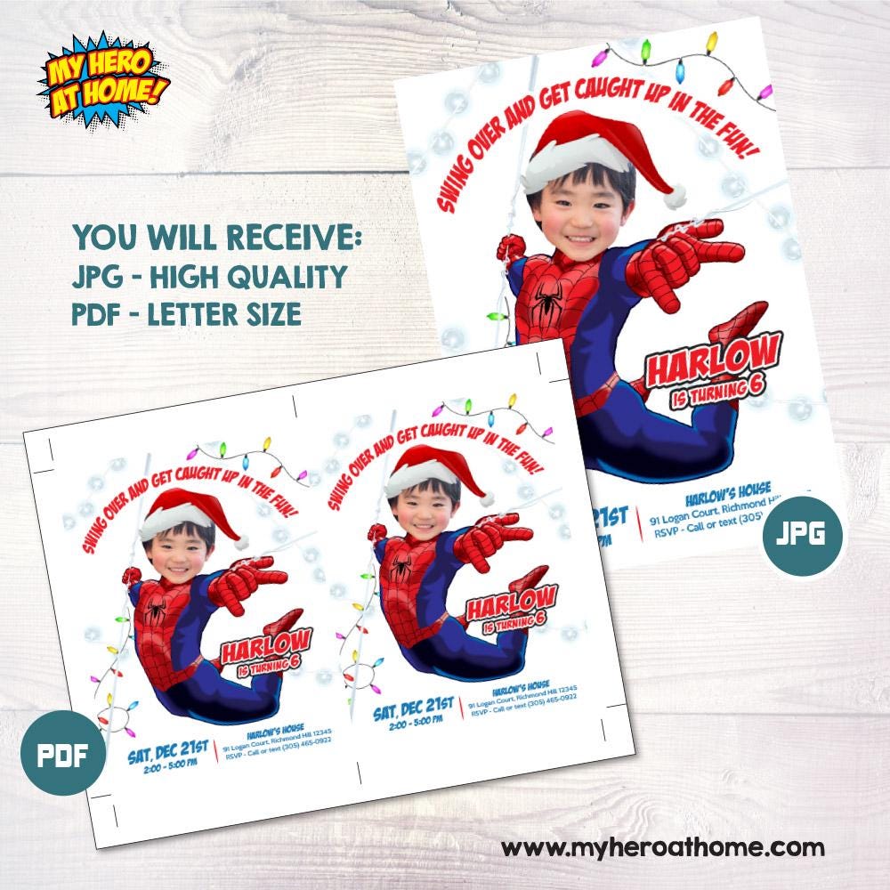Spiderman Christmas Birthday Invitation With Kid as the Star, Christmas  Theme Party. 2136IN - Etsy, image size:1000x1000