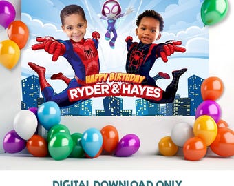 写真付きカスタムスパイダーマン＆スピンバナー、スパイダーマン＆スピン兄弟の誕生日背景、スパイダーマン＆スピン背景、スパイダーマン共同バナー。2355BB