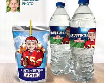 Personalized Football water wrappers, Chiefs water labels, Chiefs themed birthday, Football Capri sun labels, Chiefs Capri sun labels. 2224