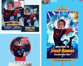 Bundle Miles Morales Birthday matching items with photo: Invitation, Cake topper, Welcome. 399B2