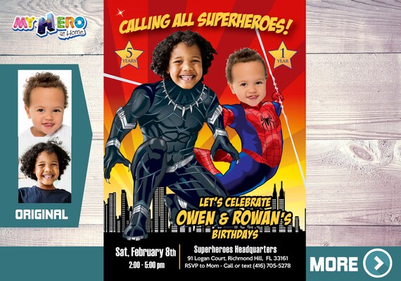 Black Panther and Spiderman Invitation, Avengers Brothers Invitation, Avengers Siblings Party, Spiderman and Black Panther Invitation. 198 Il_570xn