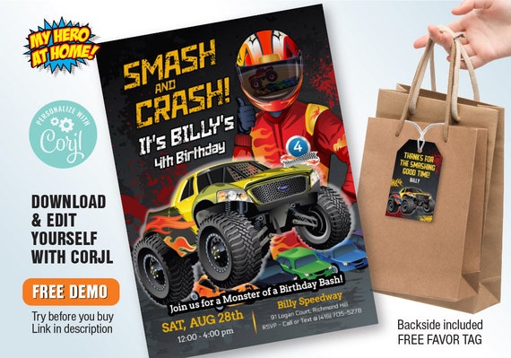 Monster Truck Invitation, DIY Smash and Crash Invitation, DIY Monster Bash Invitation, Editable Monster Truck favor tag. 1056 Il_570xn
