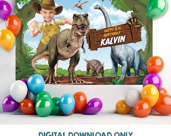 Custom Dinosaur Birthday Banner, Personalized Jurassic Party Backdrop (Digital Download) 637BB