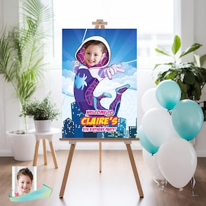 Benutzerdefinierte Ghost Spider Willkommensschild mit Foto, Spider Girl-Willkommensparty, Spider-Girl-Geburtstagsschild, Gwen Stancy Partyeingangsdruck. 2039